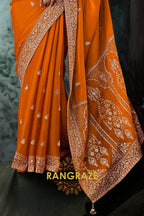 Burnt Orange Designer Embroidered Saree with Heavy Blouse & Pallu Work