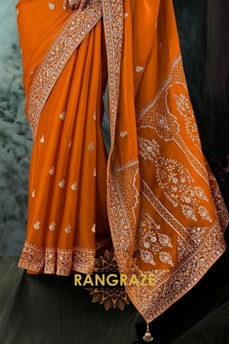 Burnt Orange Designer Embroidered Saree with Heavy Blouse & Pallu Work