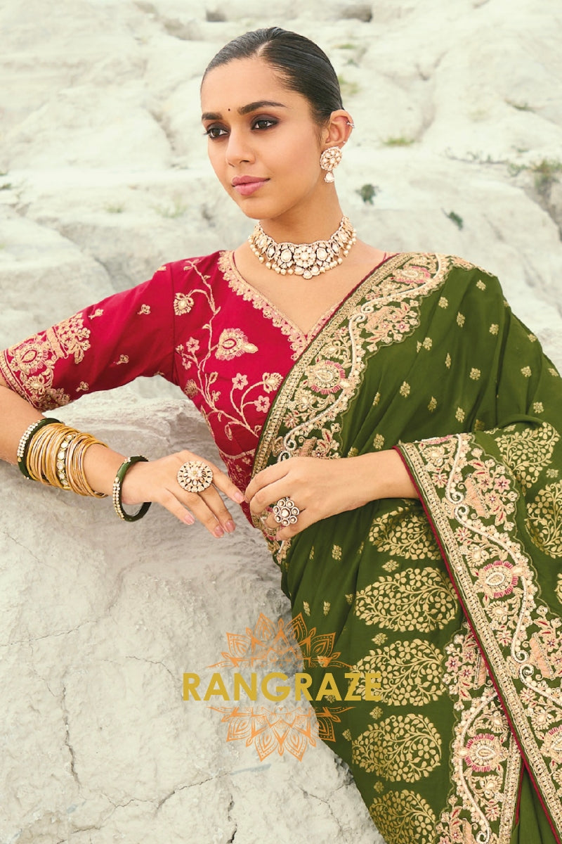 Olive Green Pure Silk Designer Embroidered Saree with Heavy Blouse & Pallu Work