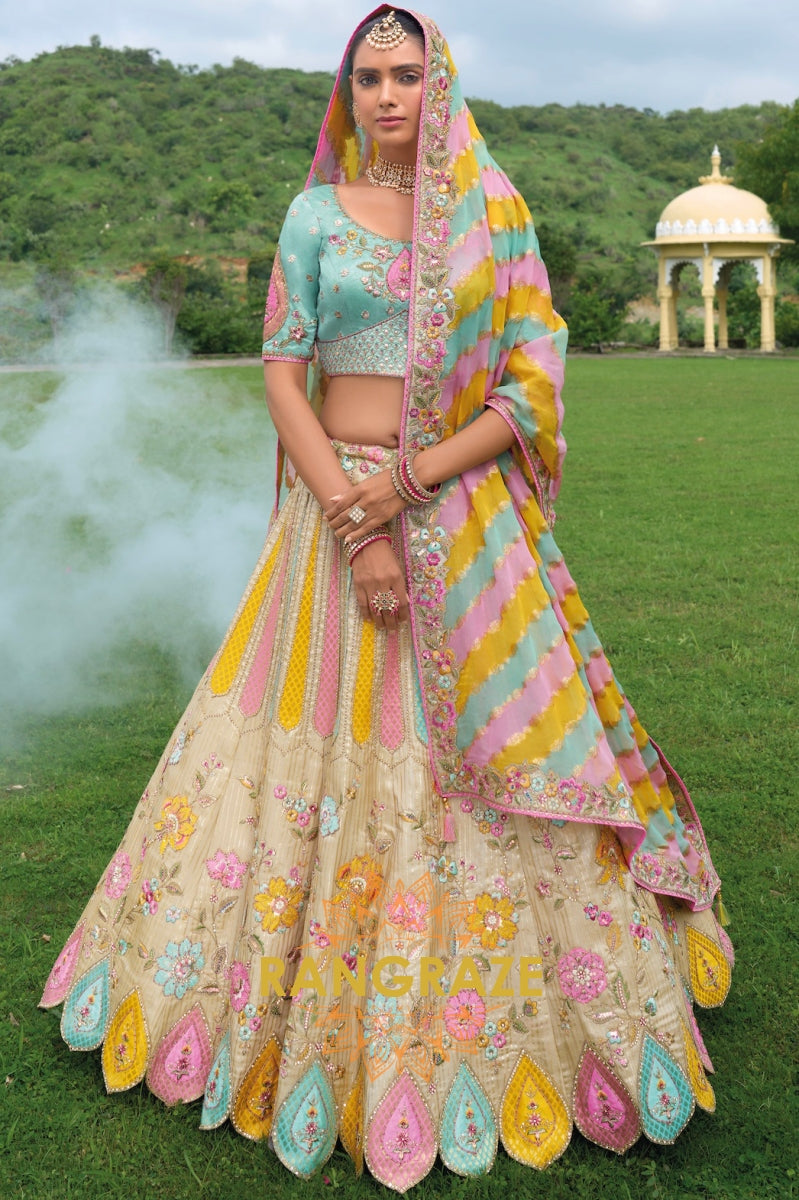 Pastel Symphony Mint and Ivory Handcrafted Floral Lehenga – A Celebration of Elegance