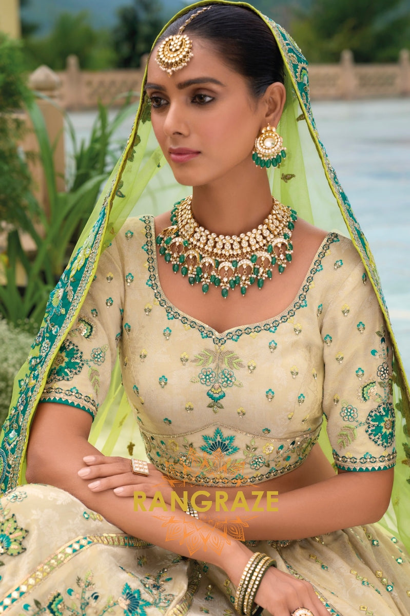 Peacock Elegance Lime and Ivory Lehenga – A Mesmerizing Blend of Grace and Grandeur