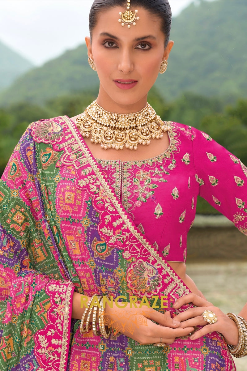 Vibrant Charm Ivory and Fuchsia Multicolor Banarasi Lehenga – A Symphony of Art and Elegance