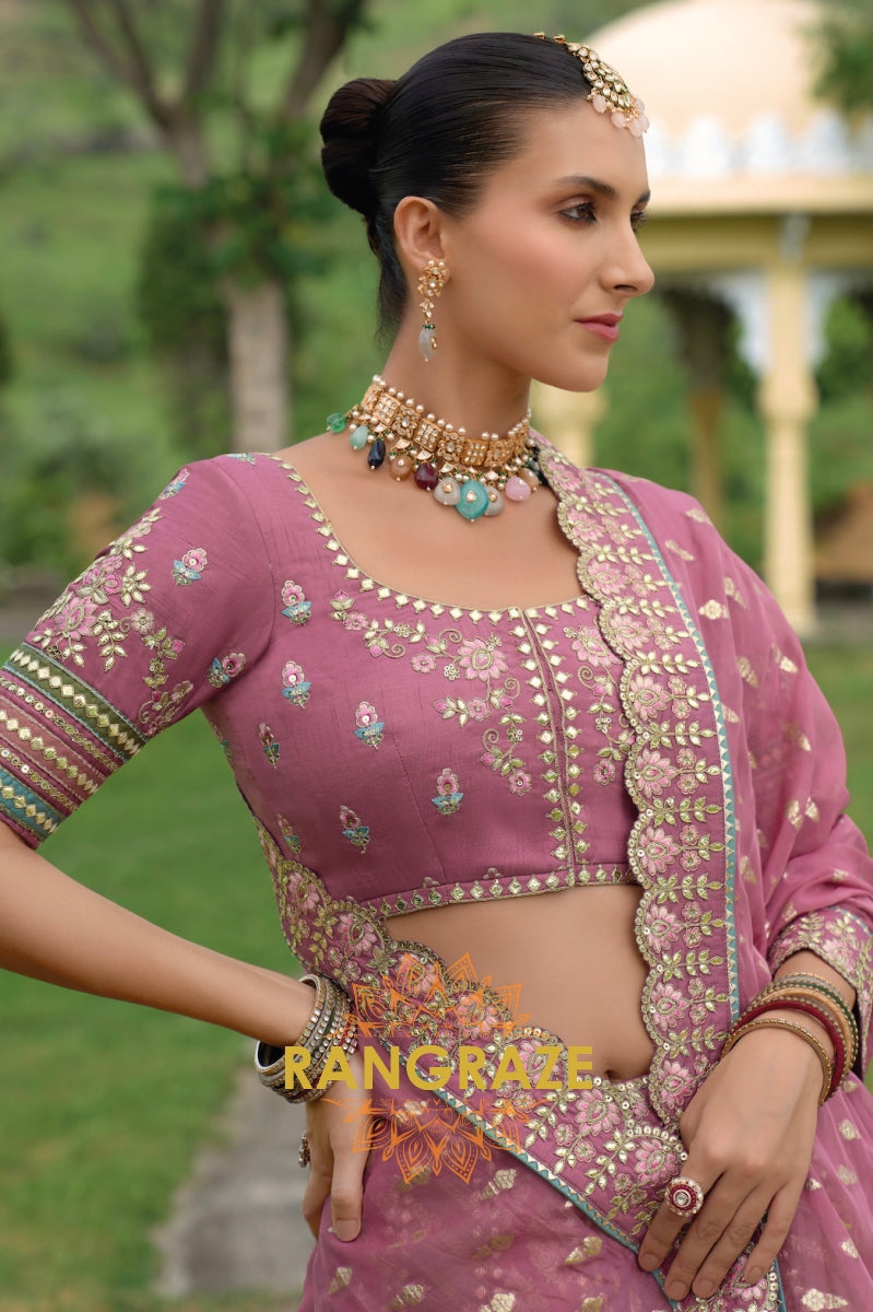 Twilight Rose and Mint Handcrafted Banarasi Lehenga – A Timeless Fusion of Elegance and Heritage