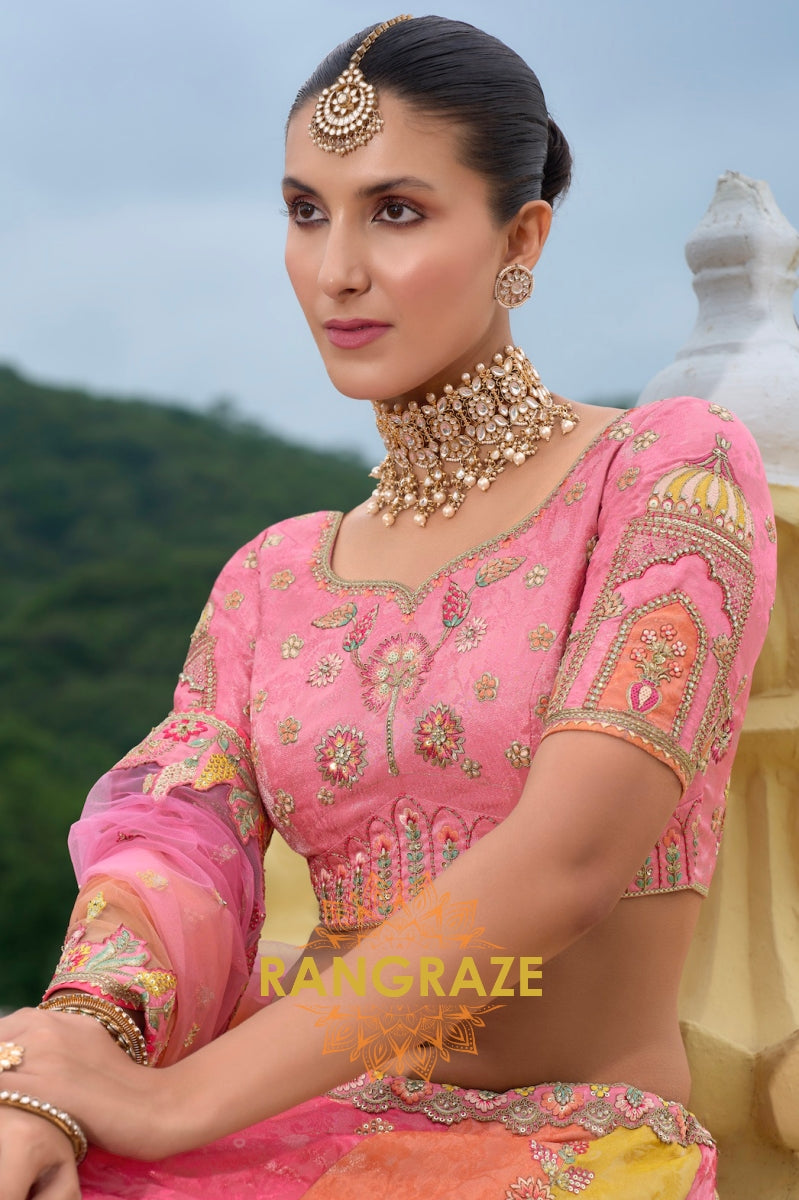 Royal Sunrise Pink and Yellow Handcrafted Heritage Lehenga – A Celebration of Regal Artistry