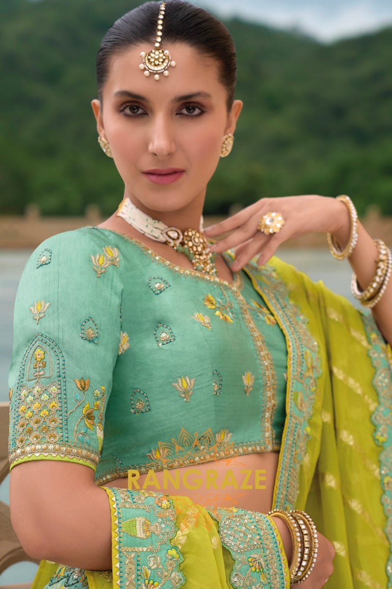 Mint Glow and Lemon Yellow Handcrafted Banarasi Lehenga – A Radiant Blend of Tradition and Modernity