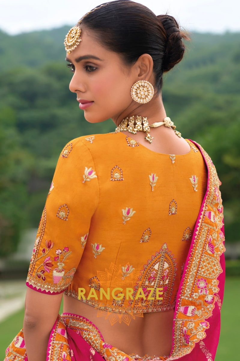 Radiant Marigold and Fuchsia Handcrafted Banarasi Lehenga – A Vibrant Festive Delight