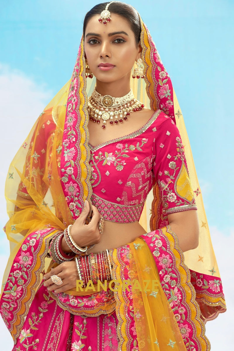 Hot Pink and Mustard Yellow Embroidered Silk Lehenga Set