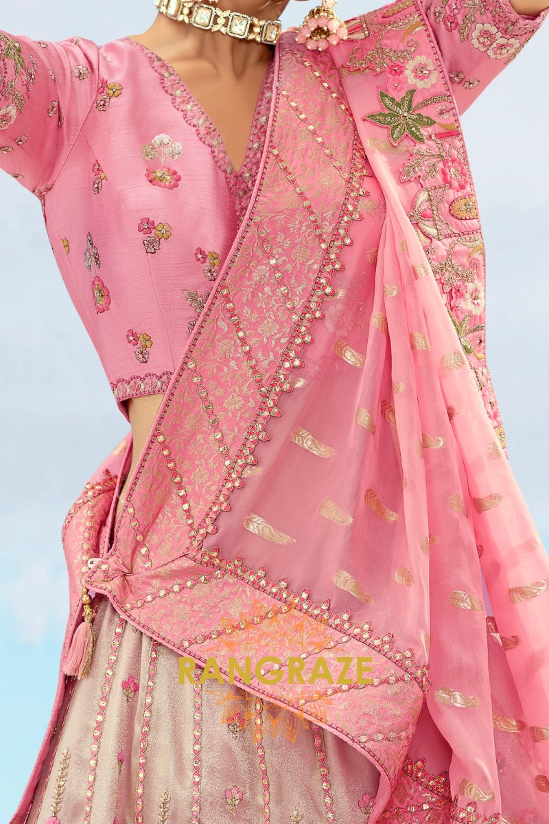 Blush Pink and Beige Embroidered Silk Lehenga Set