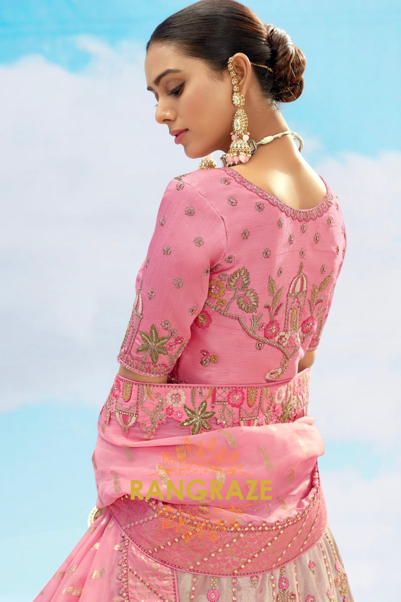 Blush Pink and Beige Embroidered Silk Lehenga Set