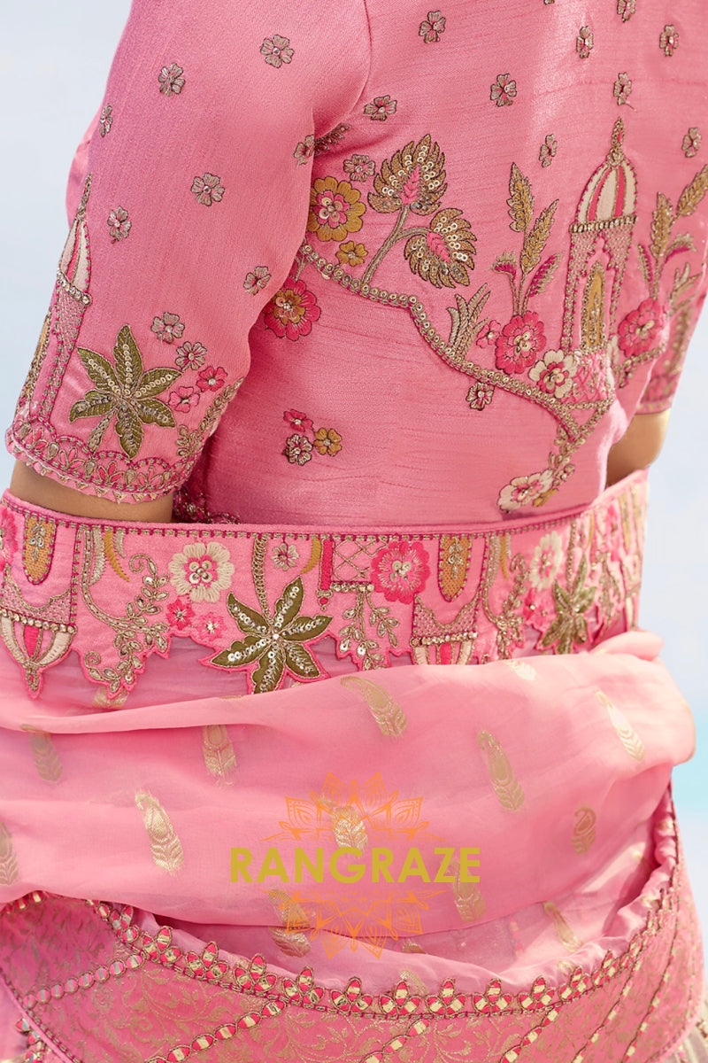 Blush Pink and Beige Embroidered Silk Lehenga Set