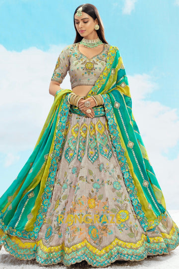 Grey and Teal Floral Embroidered Silk Lehenga Set