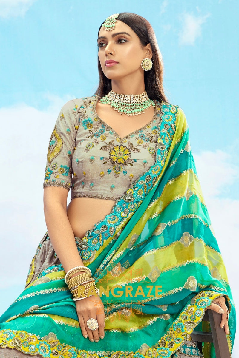 Grey and Teal Floral Embroidered Silk Lehenga Set