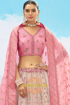 Blush Pink and Beige Embroidered Silk Lehenga Set
