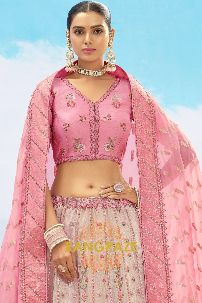 Blush Pink and Beige Embroidered Silk Lehenga Set