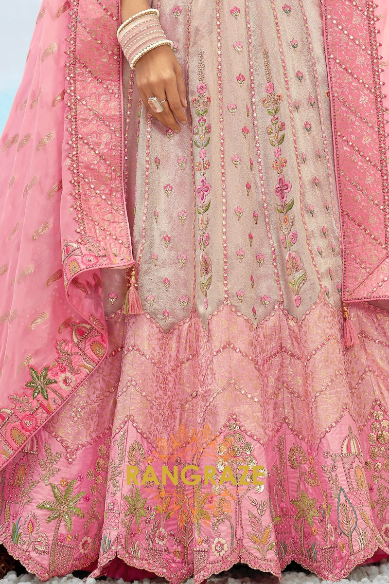 Blush Pink and Beige Embroidered Silk Lehenga Set