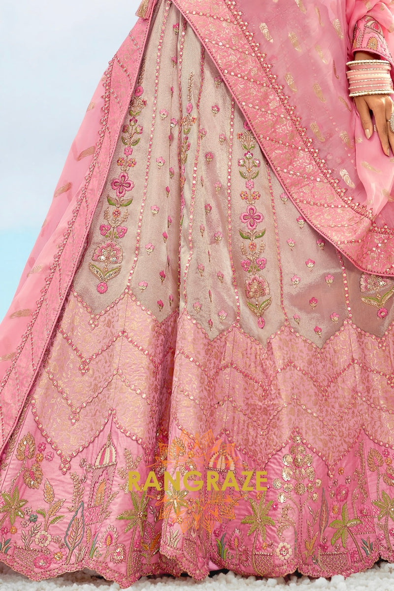 Blush Pink and Beige Embroidered Silk Lehenga Set