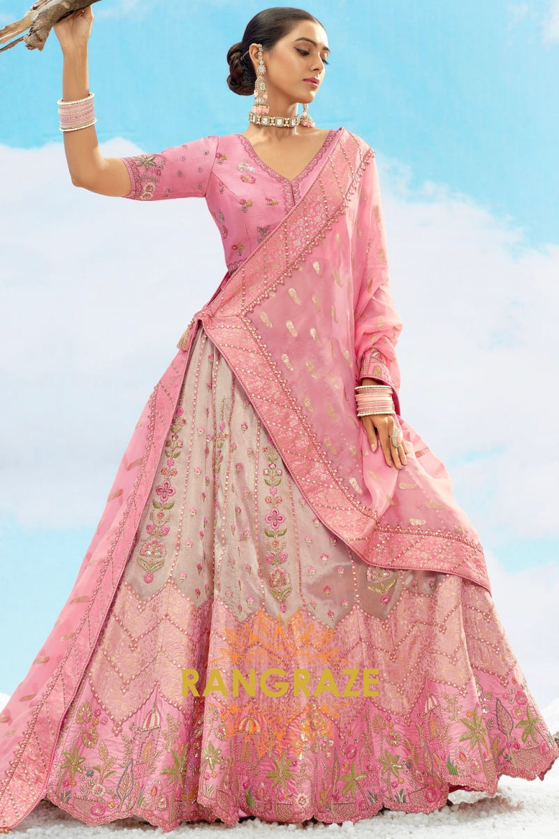 Blush Pink and Beige Embroidered Silk Lehenga Set
