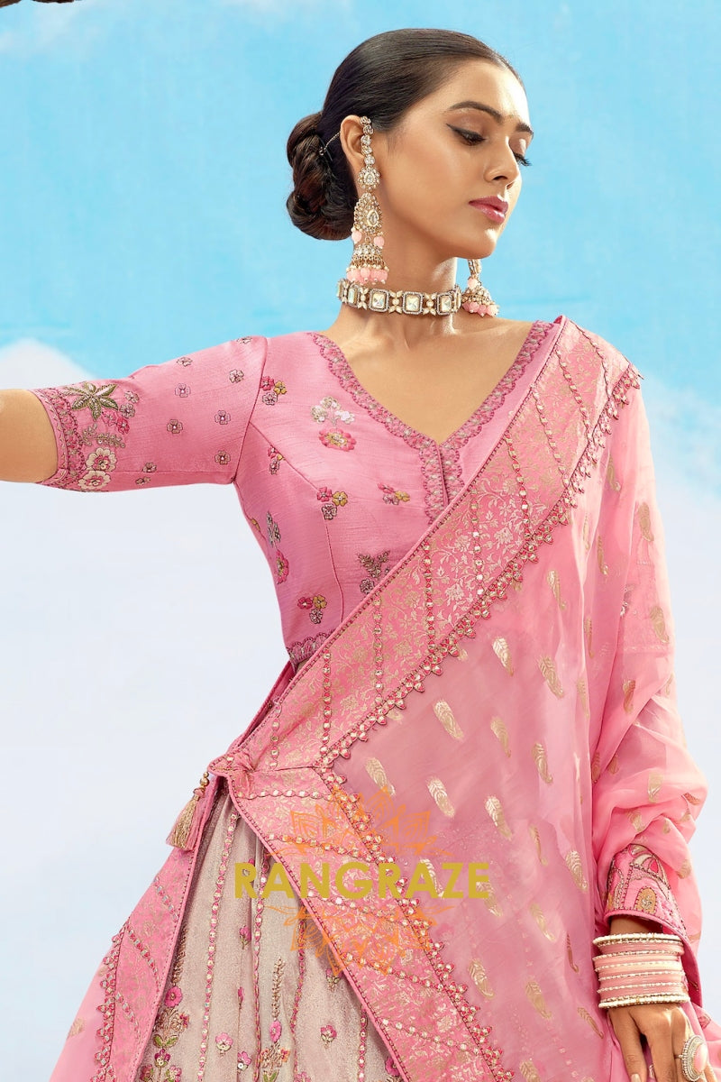 Blush Pink and Beige Embroidered Silk Lehenga Set