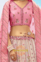 Blush Pink and Beige Embroidered Silk Lehenga Set