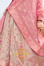 Blush Pink and Beige Embroidered Silk Lehenga Set