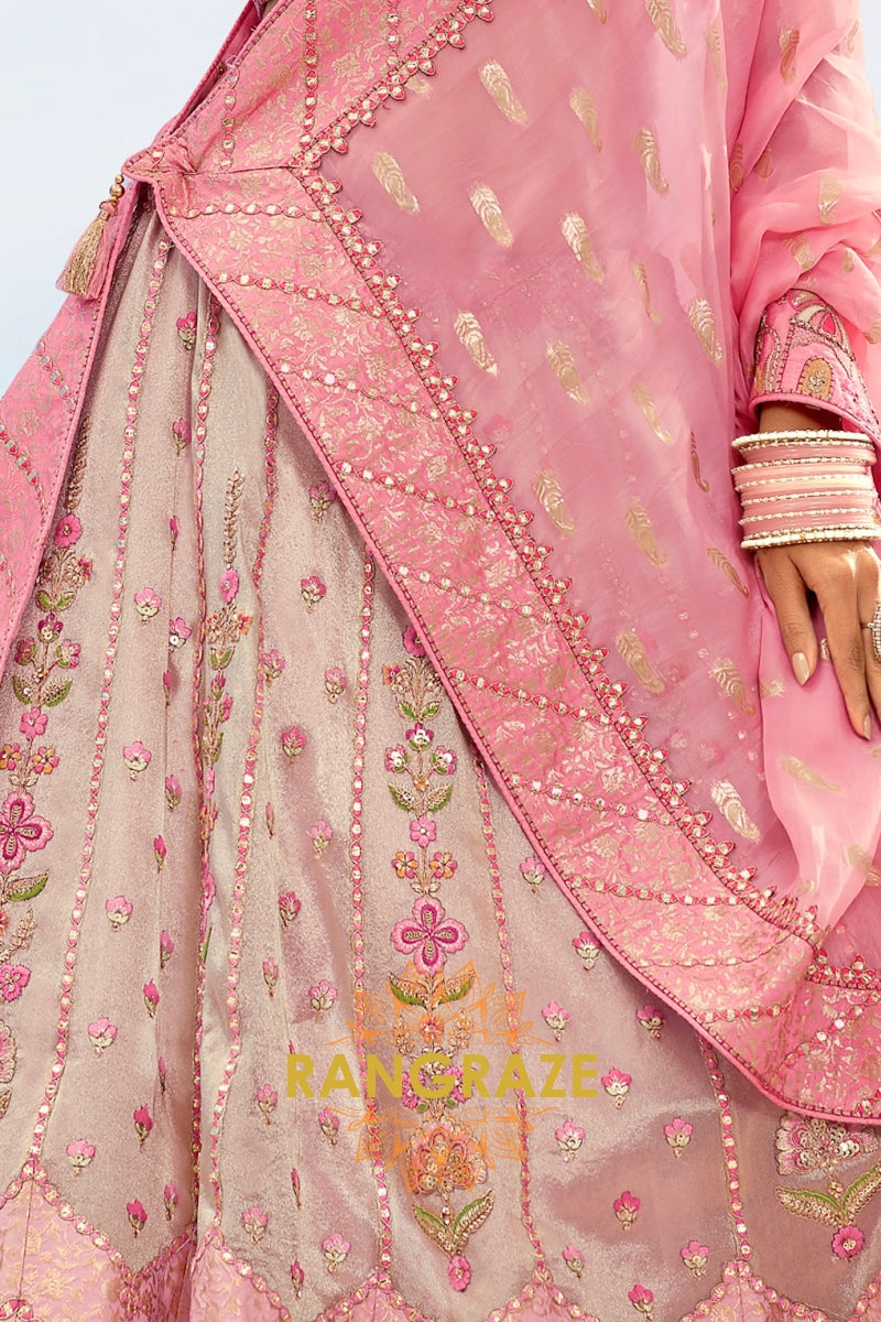 Blush Pink and Beige Embroidered Silk Lehenga Set