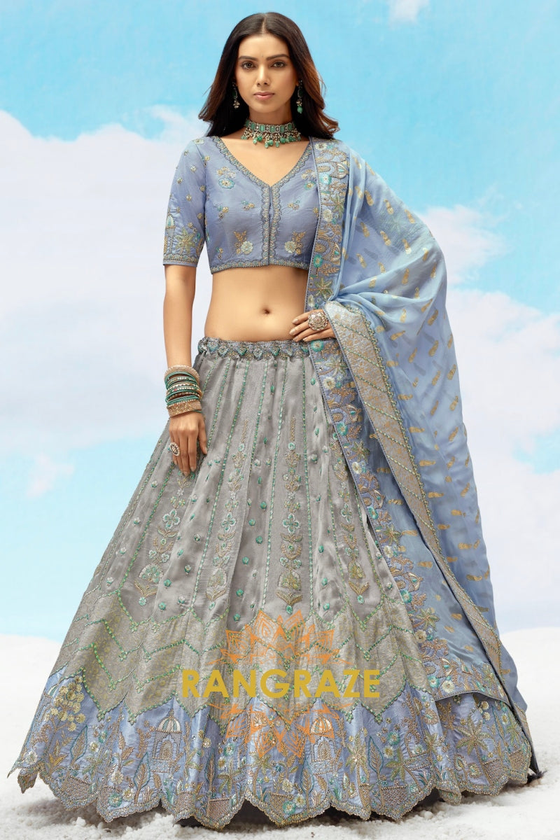 Slate Grey and Powder Blue Embroidered Silk Lehenga Set