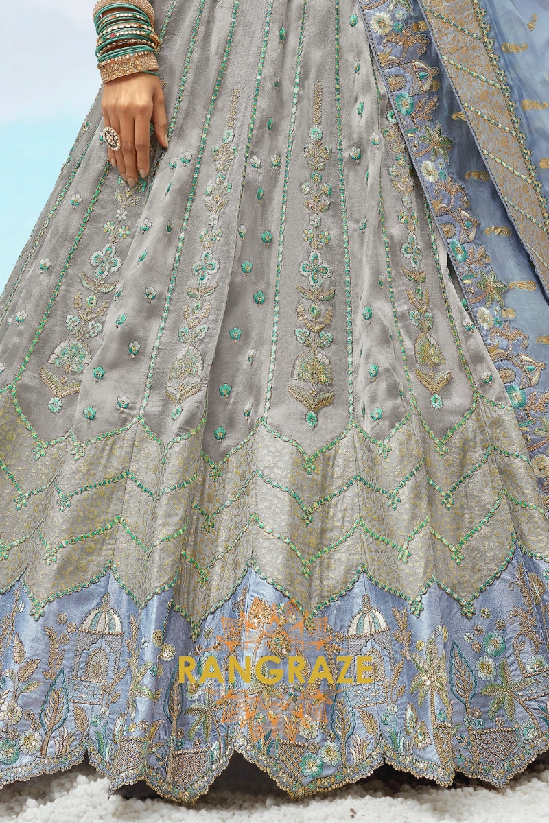 Slate Grey and Powder Blue Embroidered Silk Lehenga Set
