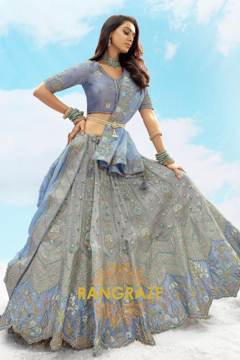Slate Grey and Powder Blue Embroidered Silk Lehenga Set