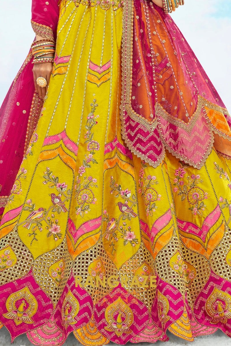 Radiant Yellow and Pink Embroidered Silk Lehenga Set