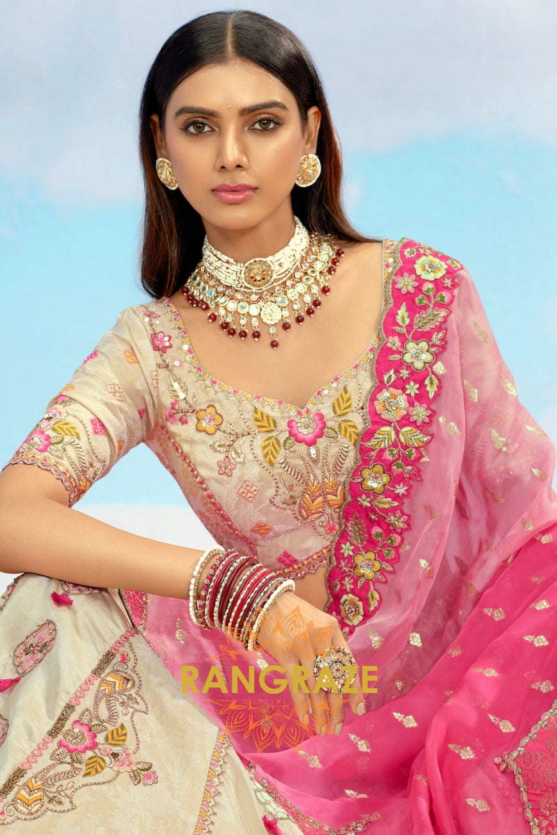 Cream and Pink Floral Embroidered Silk Lehenga Set