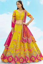 Radiant Yellow and Pink Embroidered Silk Lehenga Set