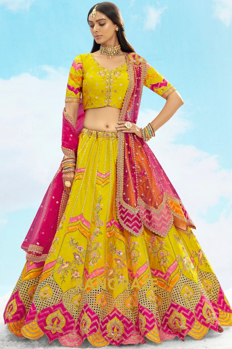 Radiant Yellow and Pink Embroidered Silk Lehenga Set