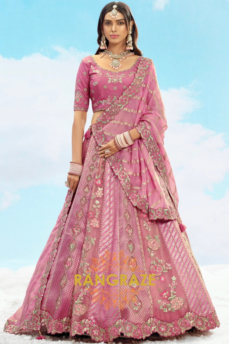 Dusty Rose Pink Embroidered Silk Lehenga Set