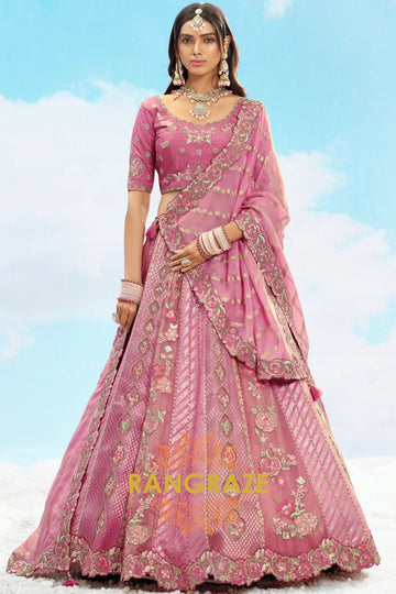 Dusty Rose Pink Embroidered Silk Lehenga Set