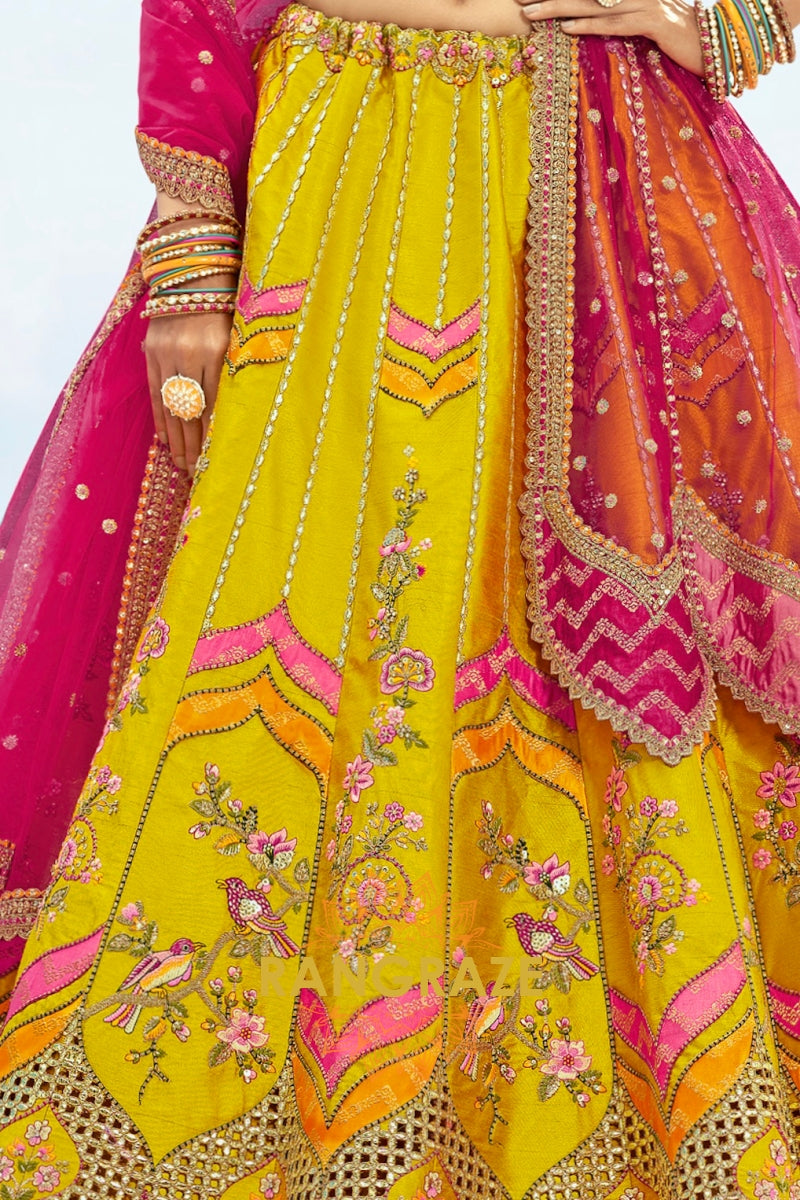 Radiant Yellow and Pink Embroidered Silk Lehenga Set