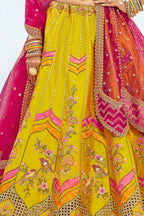 Radiant Yellow and Pink Embroidered Silk Lehenga Set