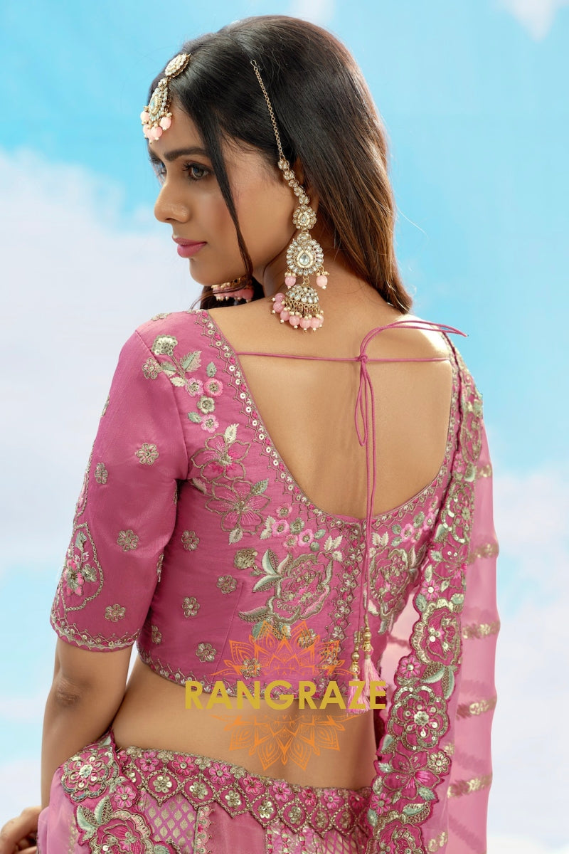 Dusty Rose Pink Embroidered Silk Lehenga Set