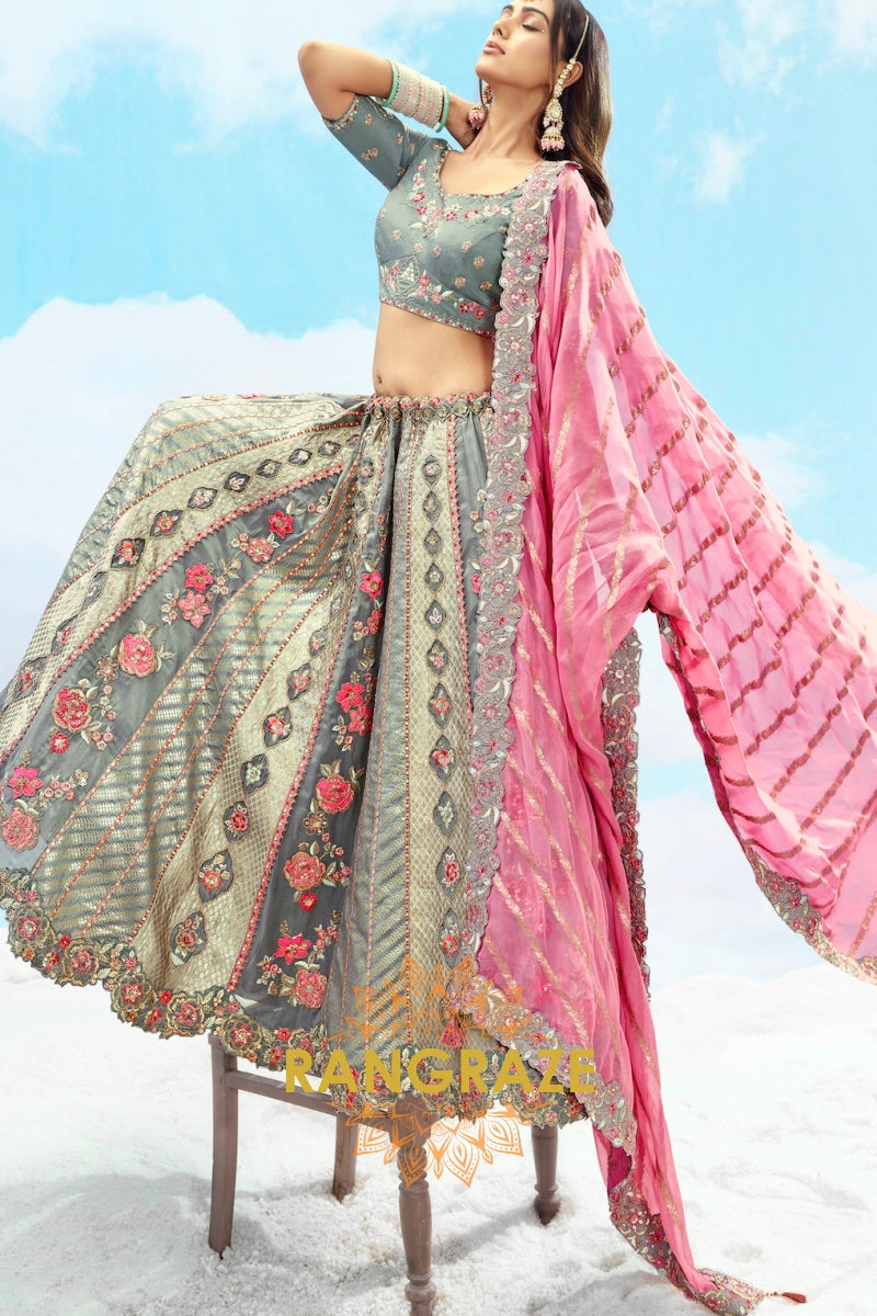 Slate Grey and Rose Pink Floral Embroidered Silk Lehenga Set