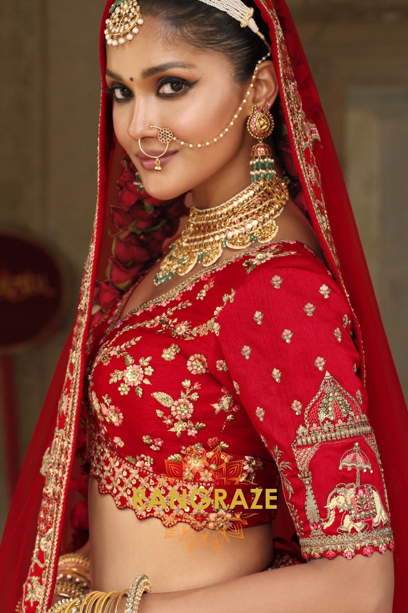 Crimson Adorn Double-Dupatta Bridal Banarasi Silk Lehenga – The Epitome of Royal Grandeur
