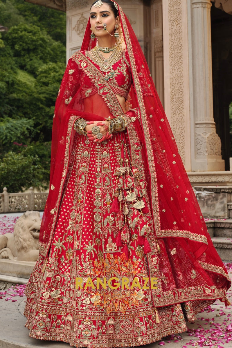 Ruhani Roja Double-Dupatta Bridal Banarasi Silk Lehenga – The Eternal Scarlet Elegance
