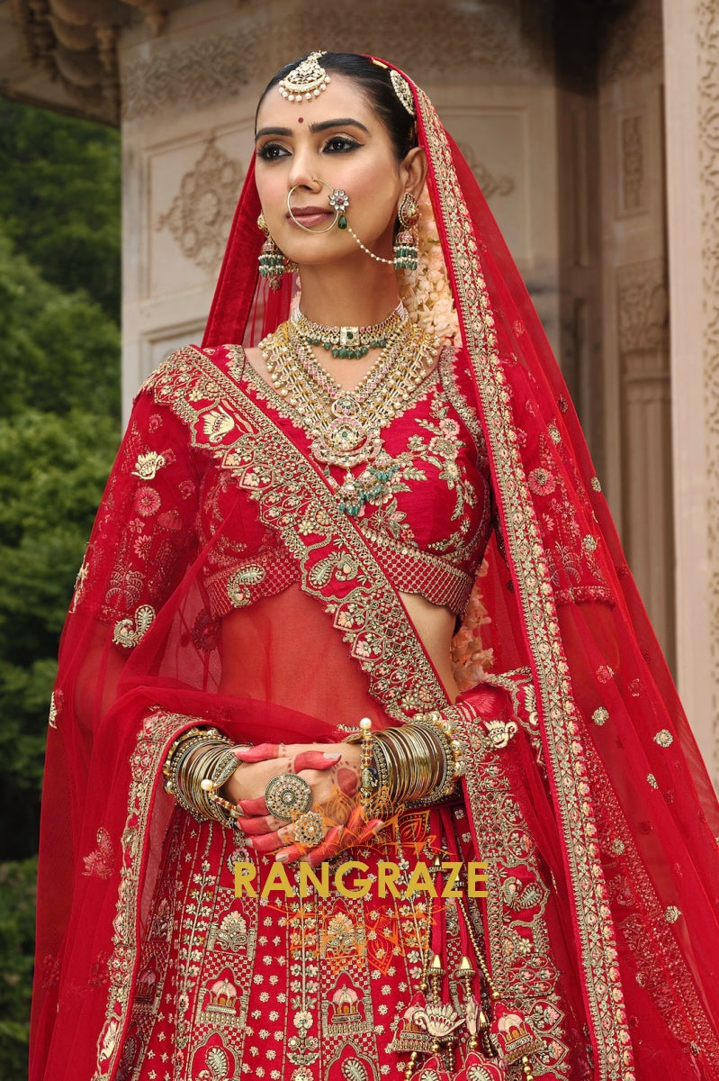 Ruhani Roja Double-Dupatta Bridal Banarasi Silk Lehenga – The Eternal Scarlet Elegance