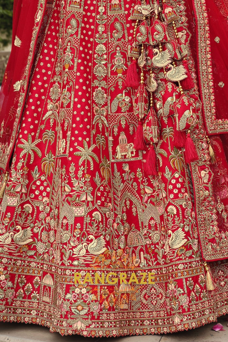 Ruhani Roja Double-Dupatta Bridal Banarasi Silk Lehenga – The Eternal Scarlet Elegance