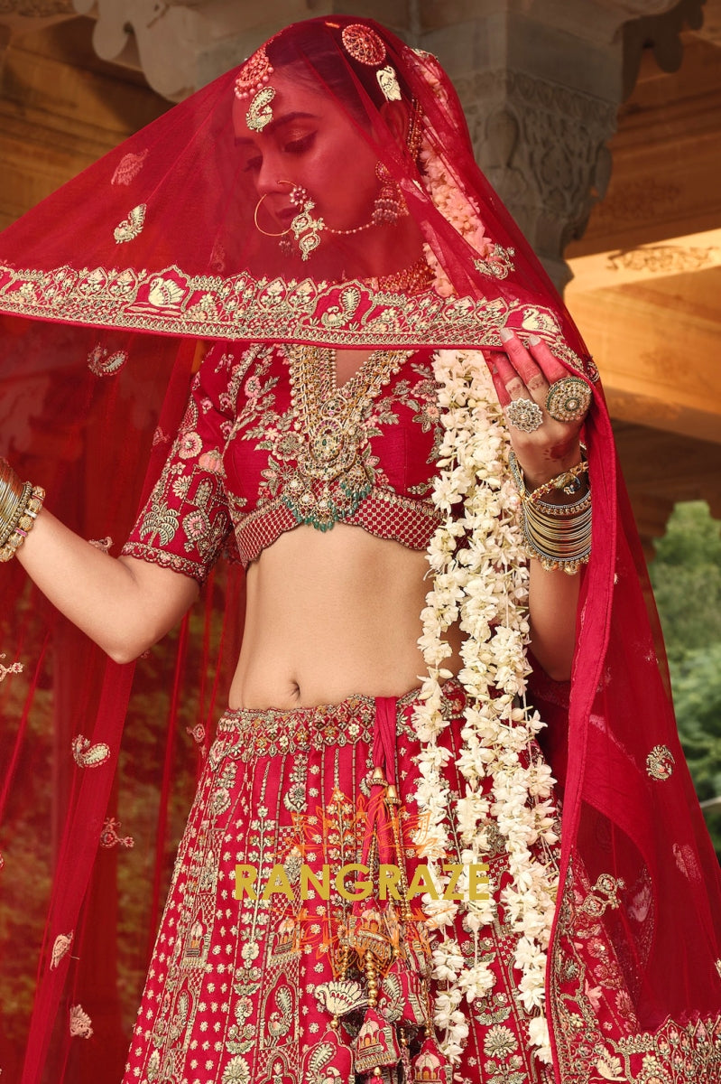 Ruhani Roja Double-Dupatta Bridal Banarasi Silk Lehenga – The Eternal Scarlet Elegance