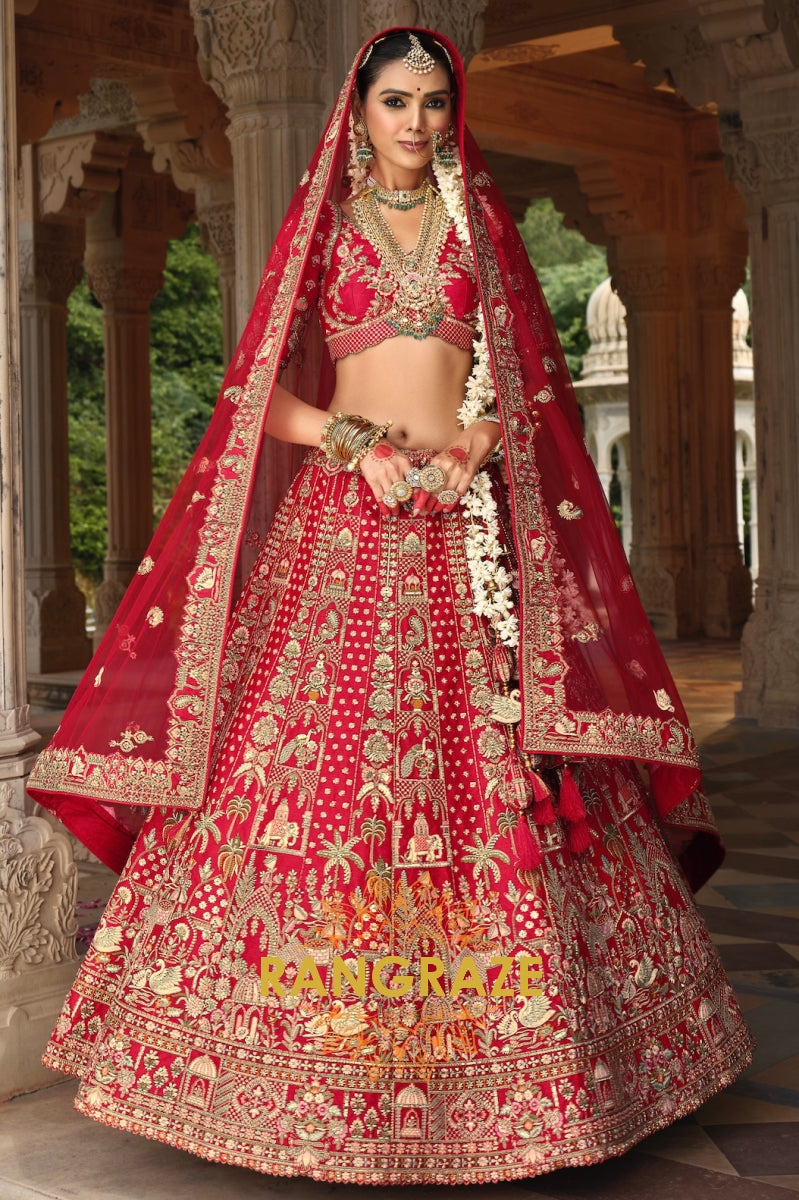 Ruhani Roja Double-Dupatta Bridal Banarasi Silk Lehenga – The Eternal Scarlet Elegance