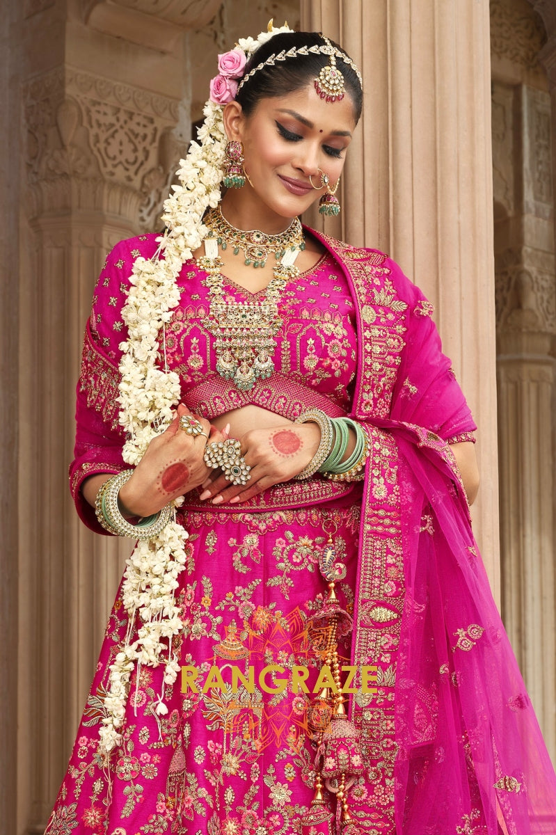 Majestic Fuchsia Double-Dupatta Bridal Banarasi Silk Lehenga – An Ode to Radiant Royalty