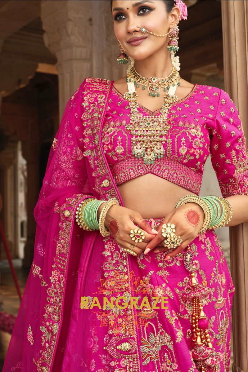 Majestic Fuchsia Double-Dupatta Bridal Banarasi Silk Lehenga – An Ode to Radiant Royalty