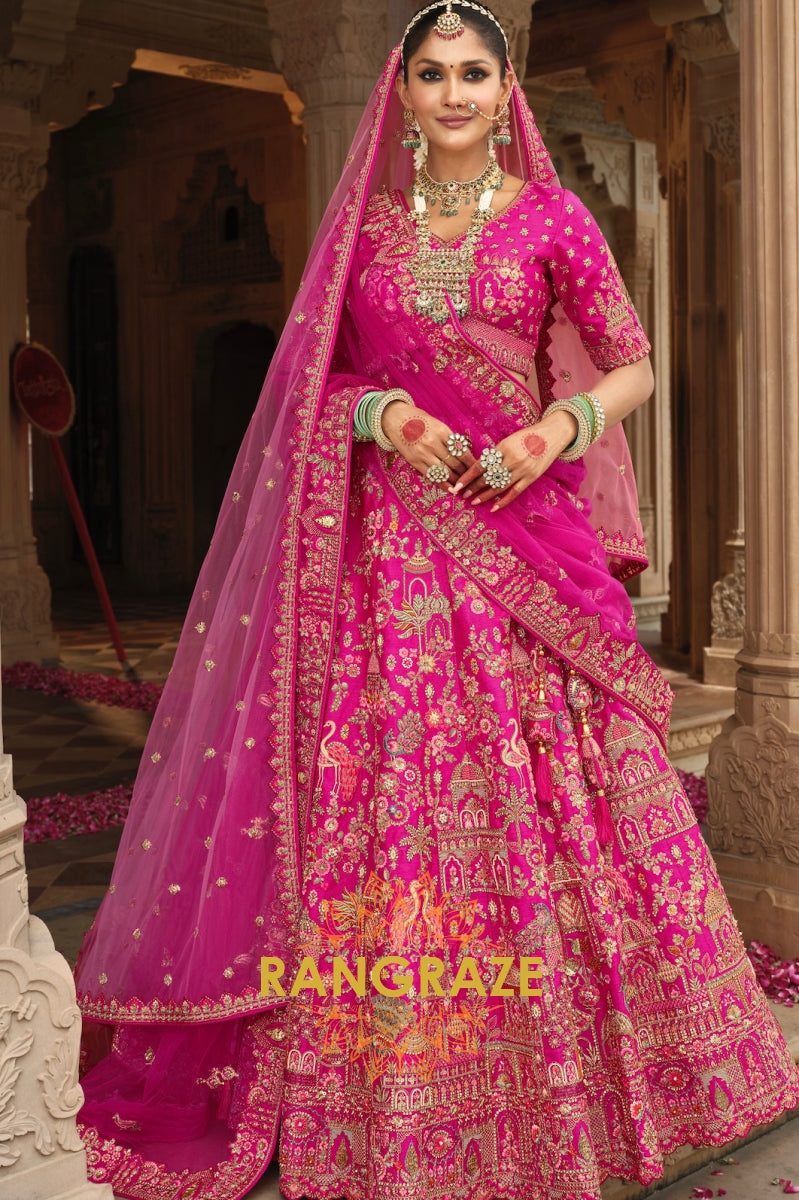 Majestic Fuchsia Double-Dupatta Bridal Banarasi Silk Lehenga – An Ode to Radiant Royalty