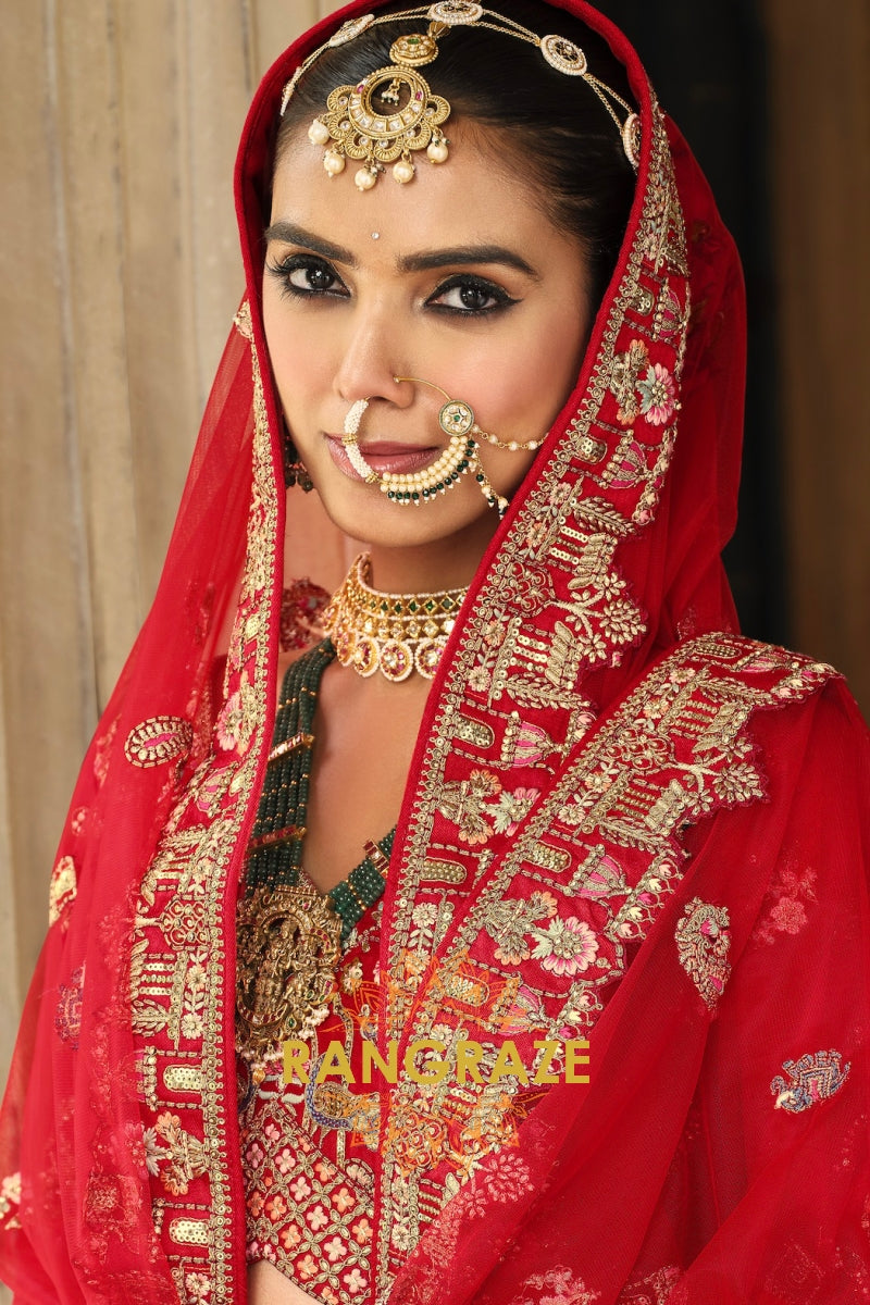 Royal Vermilion Double-Dupatta Bridal Banarasi Silk Lehenga – A Symphony of Heritage and Grandeur