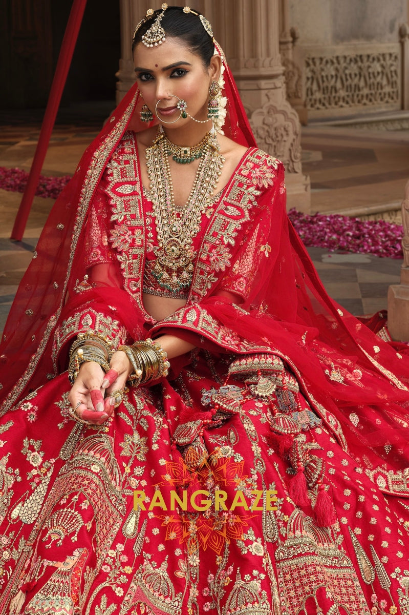 Scarlet Royale Double-Dupatta Bridal Banarasi Silk Lehenga – A Legacy of Radiance and Reverence