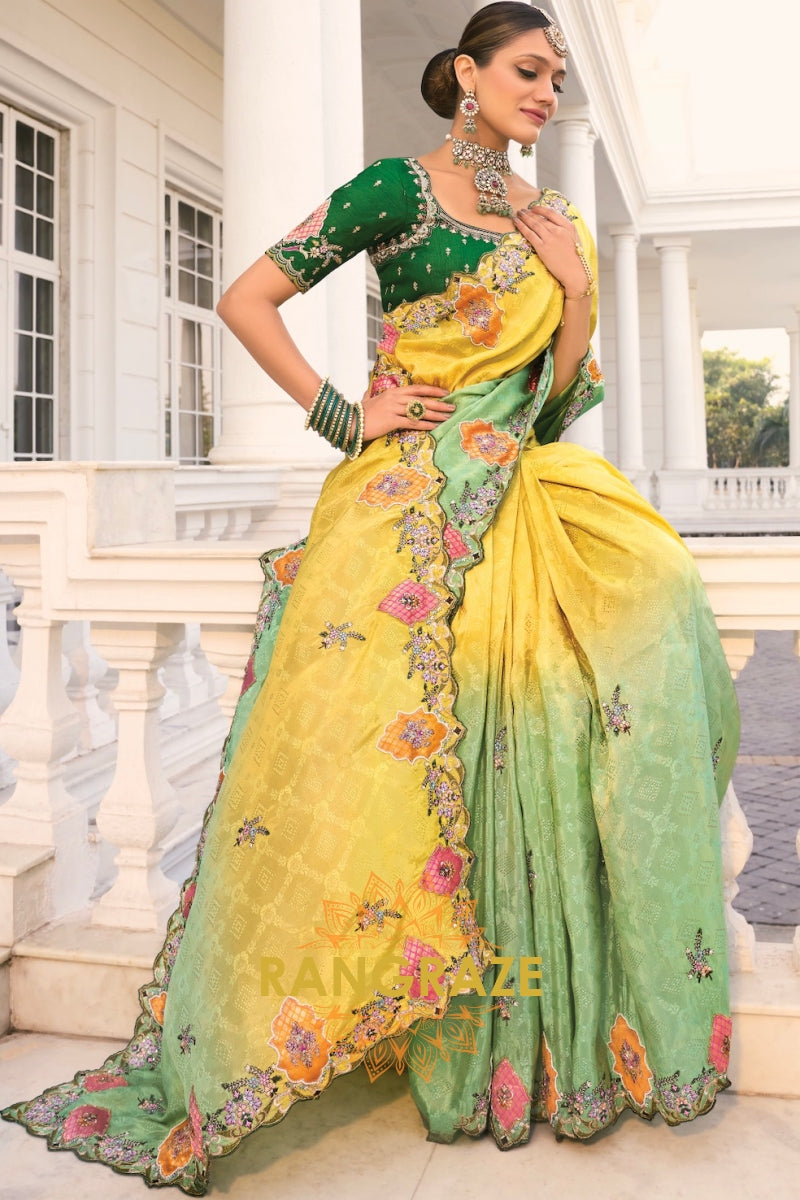 Lemon & Green Regal Designer Crepe Jaquard Saree